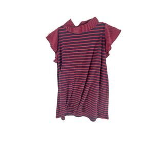 Ann Taylor LOFT Navy Blue Red Striped Short Sleeve Turtleneck Top Womens Size XS
